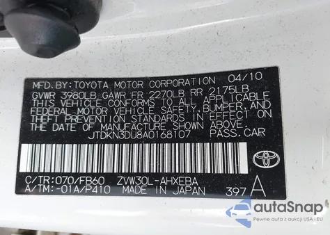 2010 Toyota Prius Ii from USA, damaged, VIN JTDKN3DU8A0168107